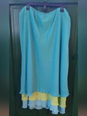 Women’s Maxi Skirt in Aqua with Light Green & Light Blue Ruffle Hem